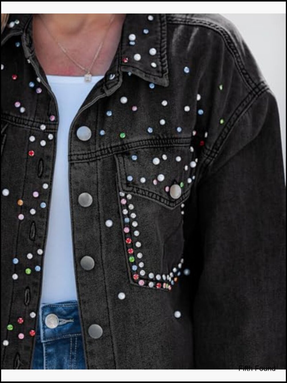 Oversized Rhinestones Pearls Embellished Denim Jacket with Frayed Hem - Picture 4 of 7